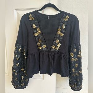 Anthropologie Black Blouse with Gold Sequins XS